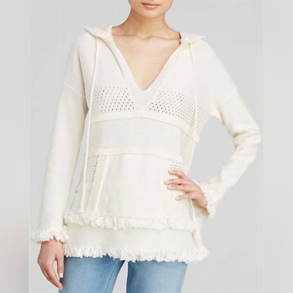 Tory Burch Women’s Baja Mixed Knit Hoodie Cream Tassel V Neck Pullover Sweater S